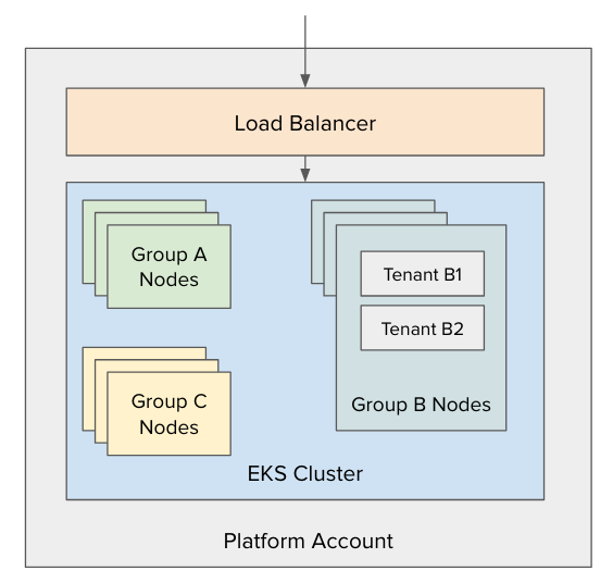 Diagram showing an EKS cluster with multiple groups of nodes. One of the groups show workloads from multiple tenants